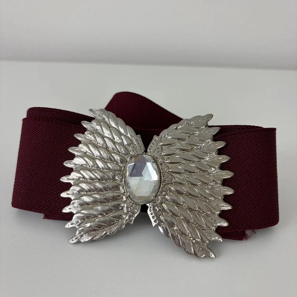 Vintage Burgundy Elastic Cinch Belt Silver Angel Wing Crystal Buckle M/L